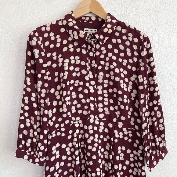 Whistles Burgundy Illustrated Flower Dress Collared Short Ruffle Hem Size 6 - Picture 6 of 12